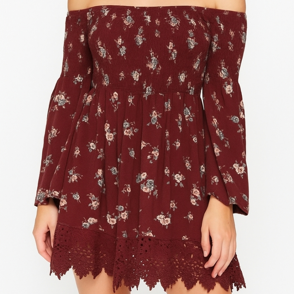 Blu Pepper Maroon Floral Off-Shoulder Dress